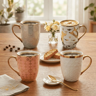 Jogo 4 Canecas Xícara de Porcelana 300ml Dourada Várias Estampas Luxo - Royale / Café, Chá / Cozinha