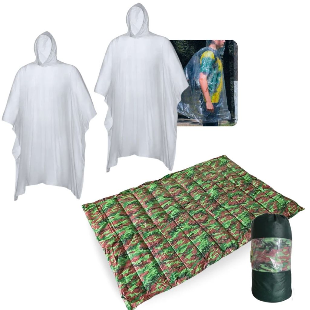 Kit Camping Pesca: 2 Capas De Chuva Impermeáveis Emergência + Colchonete Casal Dobrável em TNT