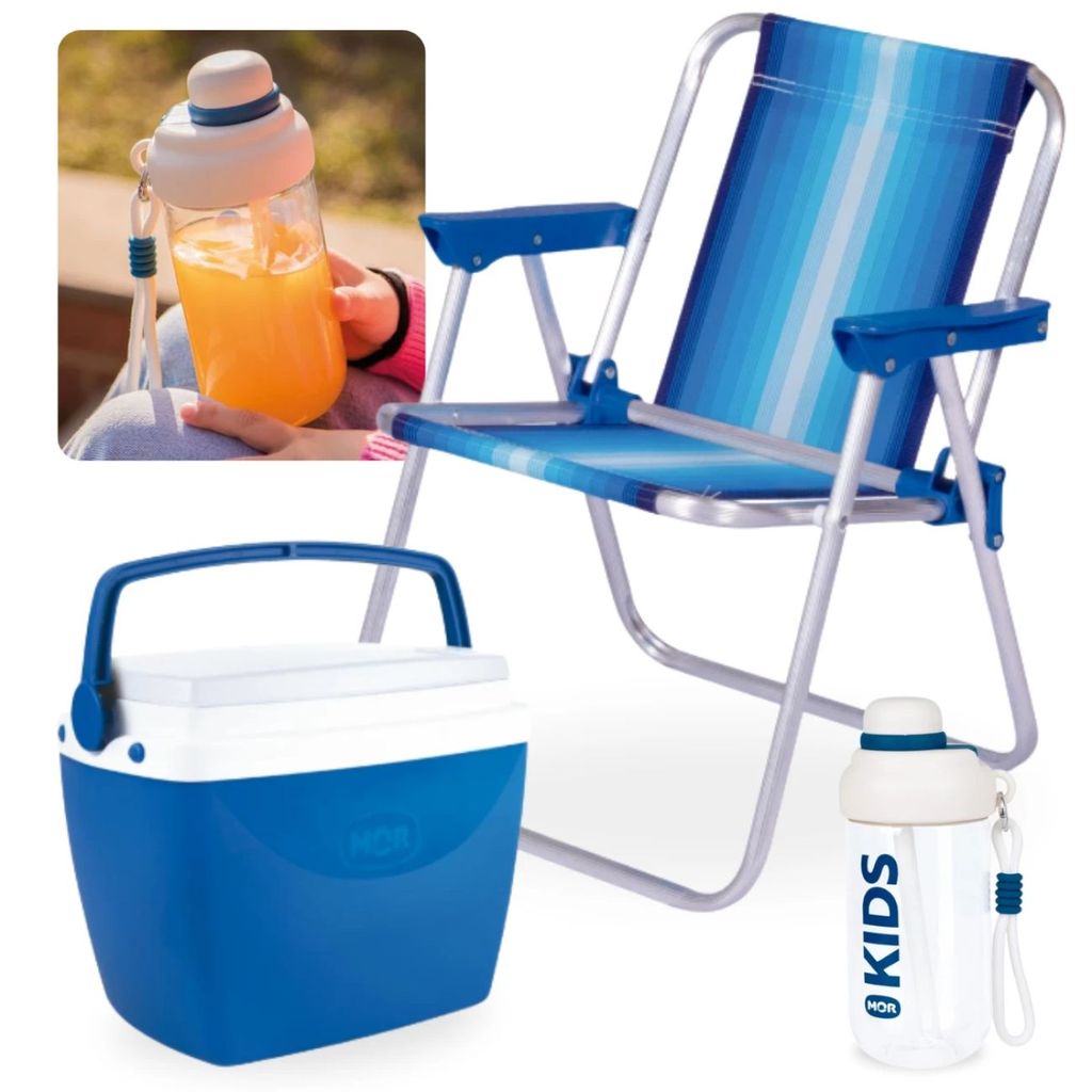 Kit Garrafa 660ml Azul Kids Squeeze + Cadeira de Praia Infantil Mor + Caixa Térmica 6 Litros Azul