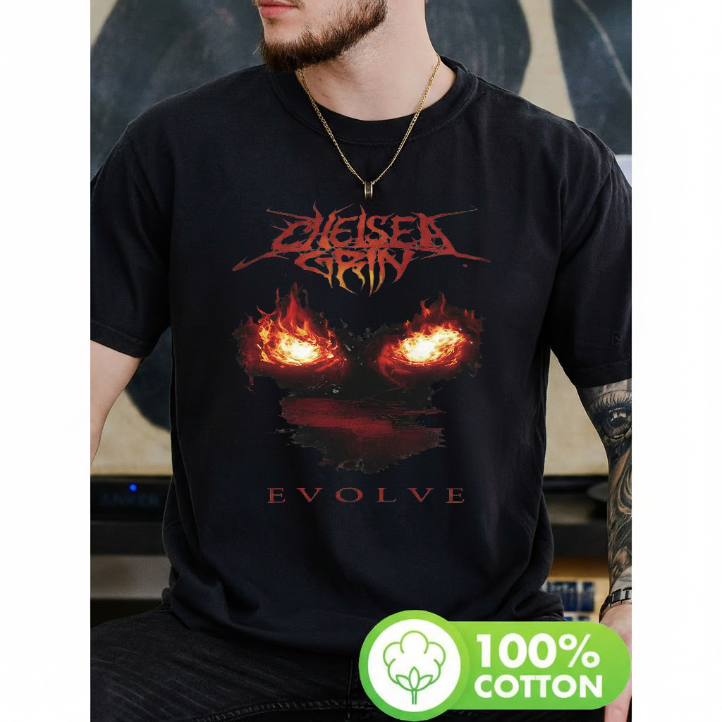 Camiseta Masculina Estampa Evolve Chelsea Grin Olhos de Fogo Moderna Atemporal Estilosa Cena Rock
