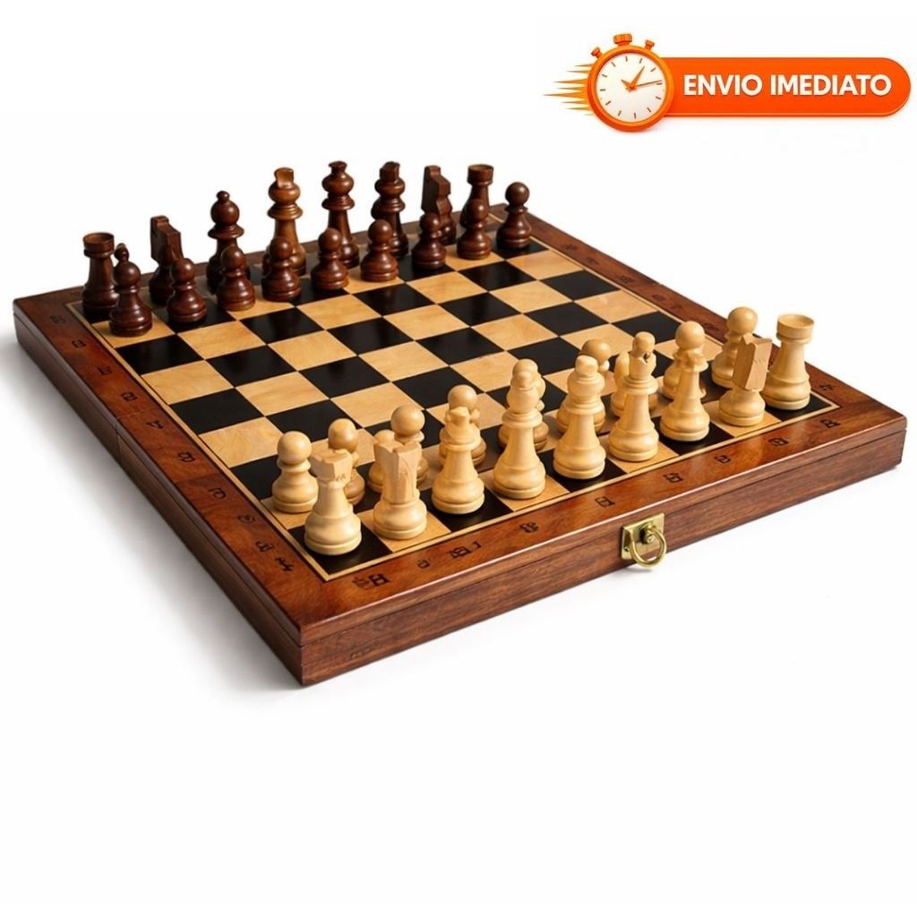 Jogo de Xadrez Dama Gamão 3 em 1 Madeira 25x25 Tabuleiro Dobrável Tradicional