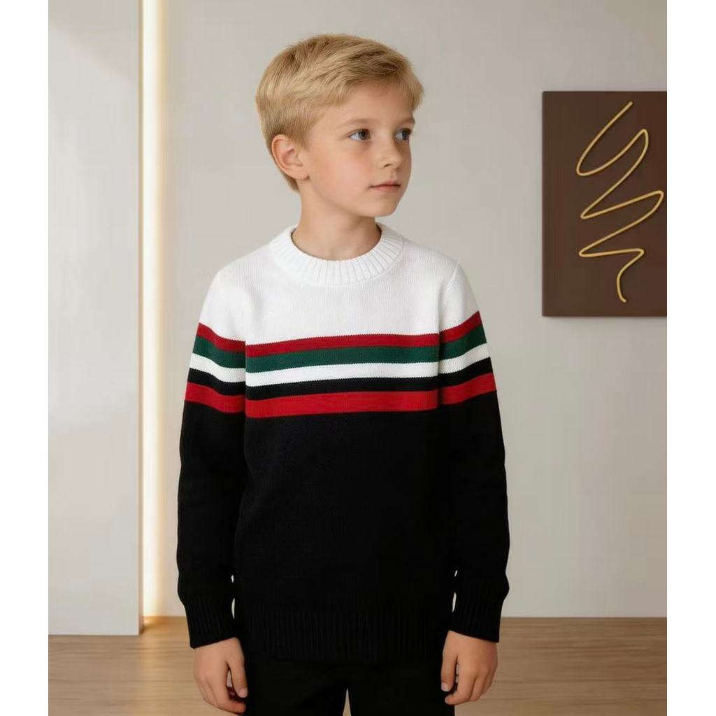 Suéter infantil de gola redonda com cores contrastantes para outono e inverno