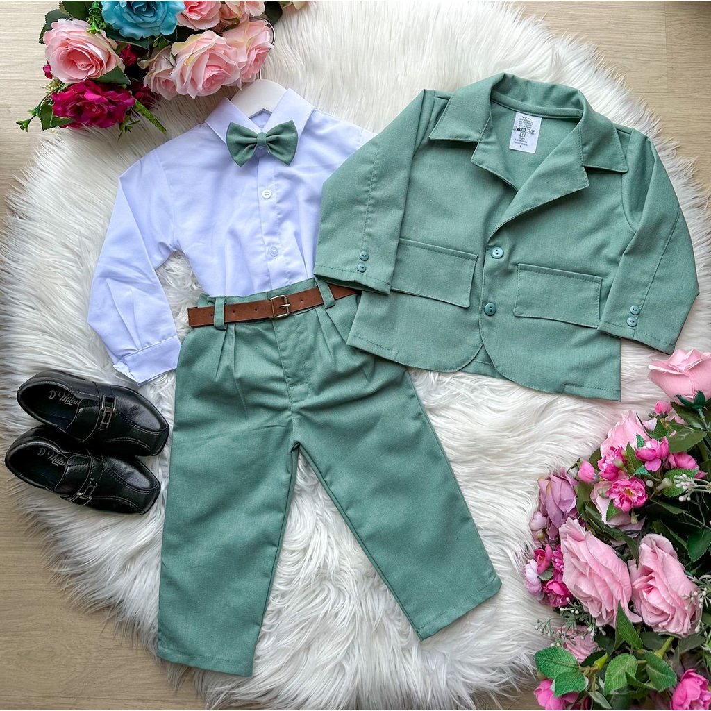 Terno Social Conjunto Paletó Verde Infantil Festa Kit 5 Peças Calça Camisa Gravata Cinto Blazer