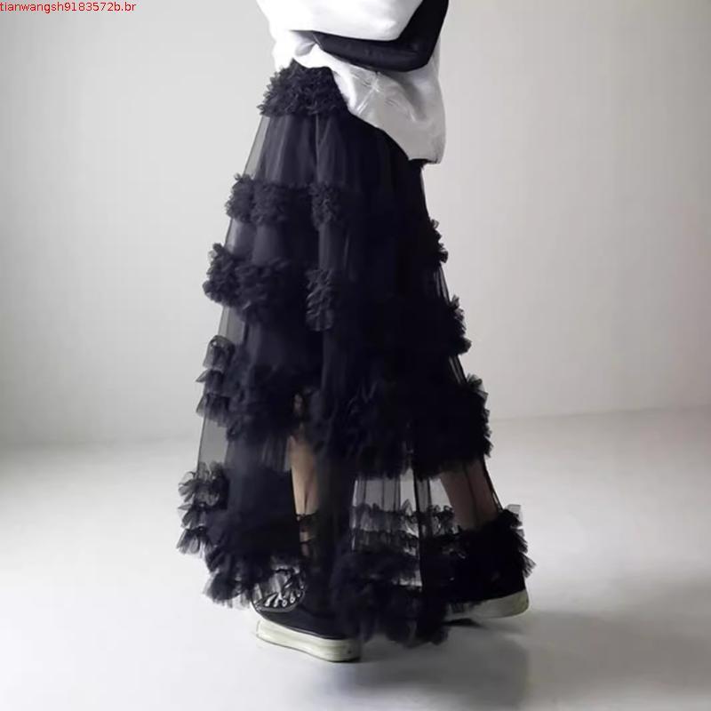 Confortável Saia Feminina Tule Feminino Cintura Alta Em Camadas Maxi A Linha Plissado Malha Fada Longo Tutu Fluido Para Parte