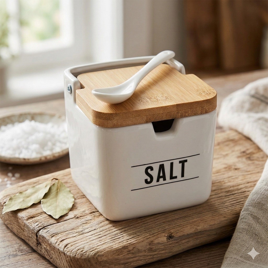 Saleiro em cerâmica Preto ou Branco com tampa e Colher de Bambu - PREMIUM/GOURMET