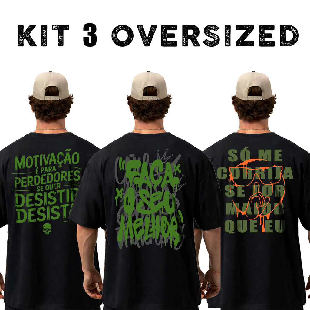 Kit com 3 Camisetas Masculinas Oversized em Algodão Frases – Treino, Academia e Streetwear
