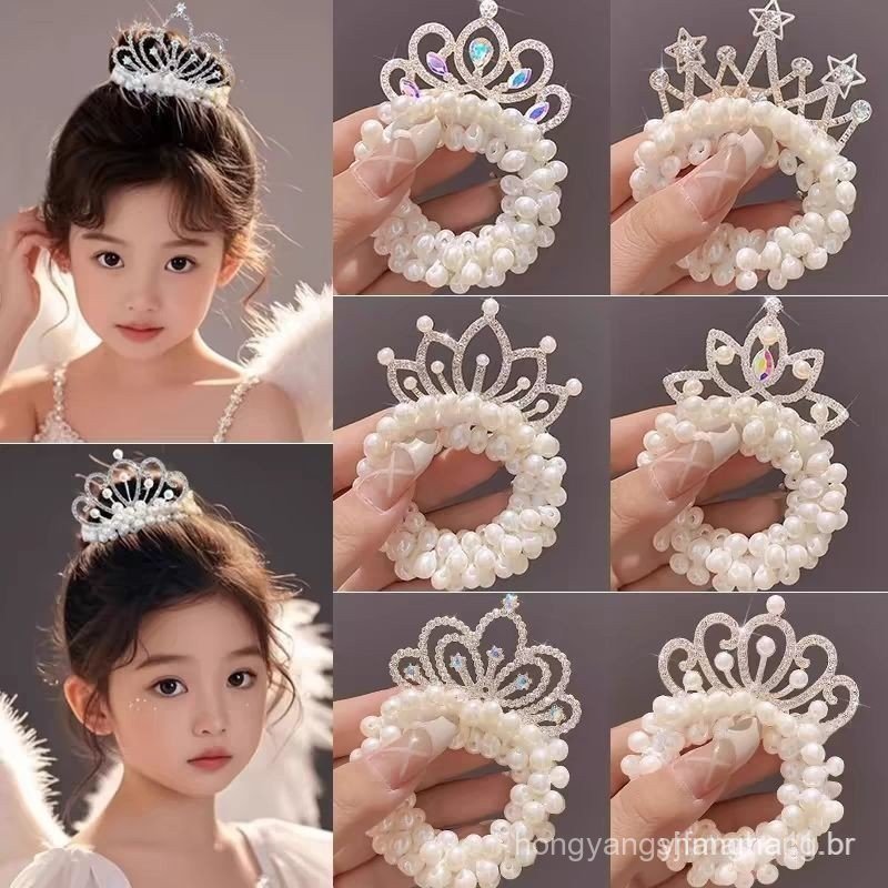 Acessórios de cabelo infantis estilo princesa: conjunto de laço de cabelo com coroa de pérolas, coque de cabelo, tiara e