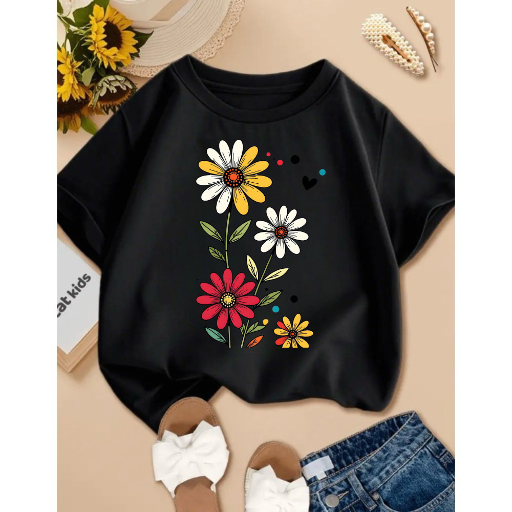 Blusinha Camiseta Menina Infantil Juvenil flores coloridas 100% Algodão