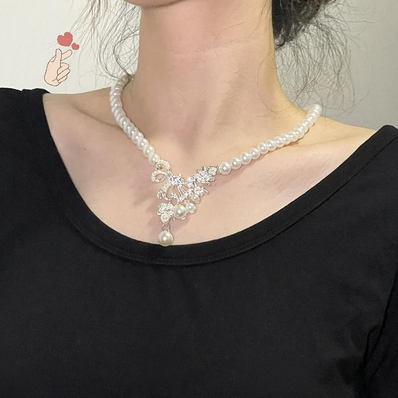[PEBR] Conjunto de colar e brincos de pérolas em estilo europeu e americano, com flores em formato de gota d'água, charm
