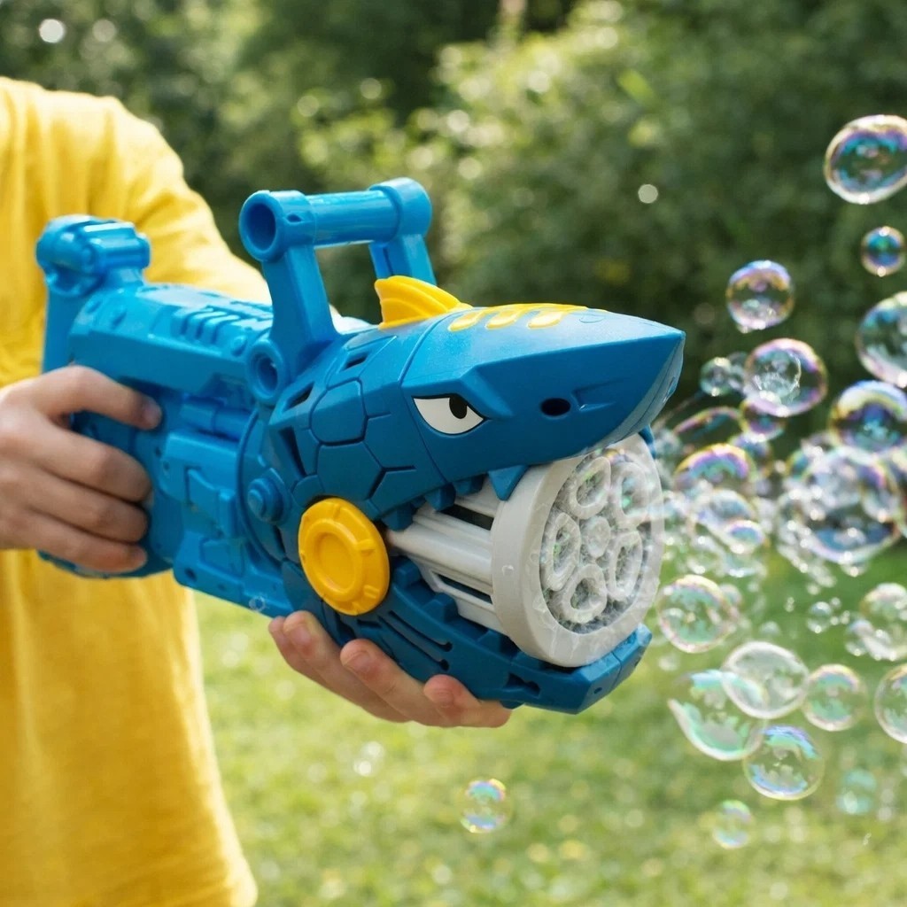 Pistola Bolhas Tubarão Brinquedo Criança Água Sabão Lançador Peixe Azul Menino Menina Achadinhos