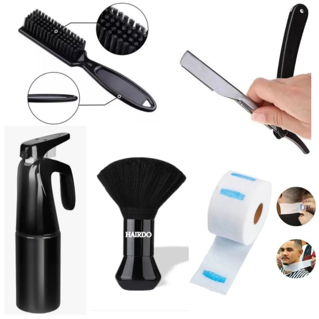 Kit Essencial Para Barbeiros ESPANADOR LISTRADO + BORRIFADOR LISTRADO + NAVALHETE + ESPANADOR FIGARO + GOLA HIGIENICA