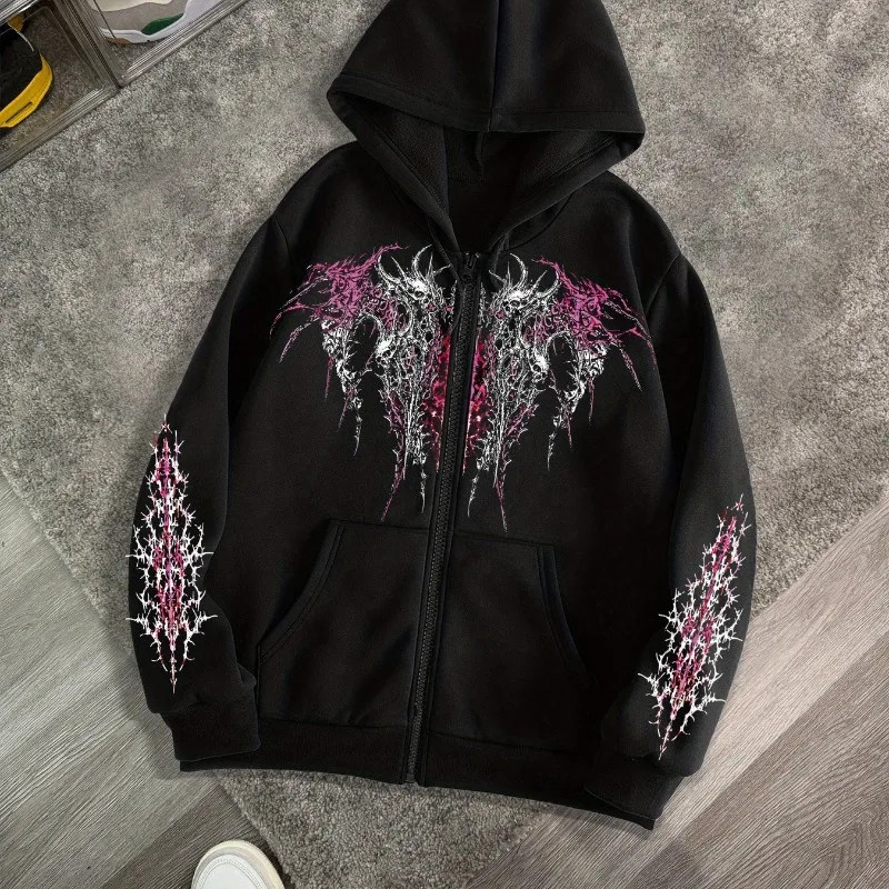 Masculino Gótico Escuro Impressão Zíper Com Capuz Casual Esportes Moletom Jaqueta Outono E Inverno Novo Retro Estilo De 