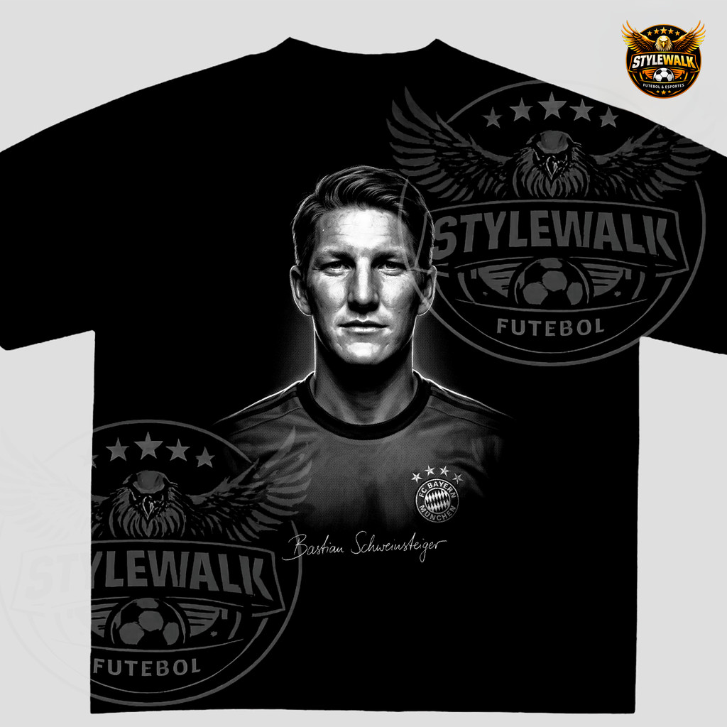 Camiseta Premium Bastian Schweinsteiger Bayern Punho Halftone Assinatura Algodão 30.1 Unissex