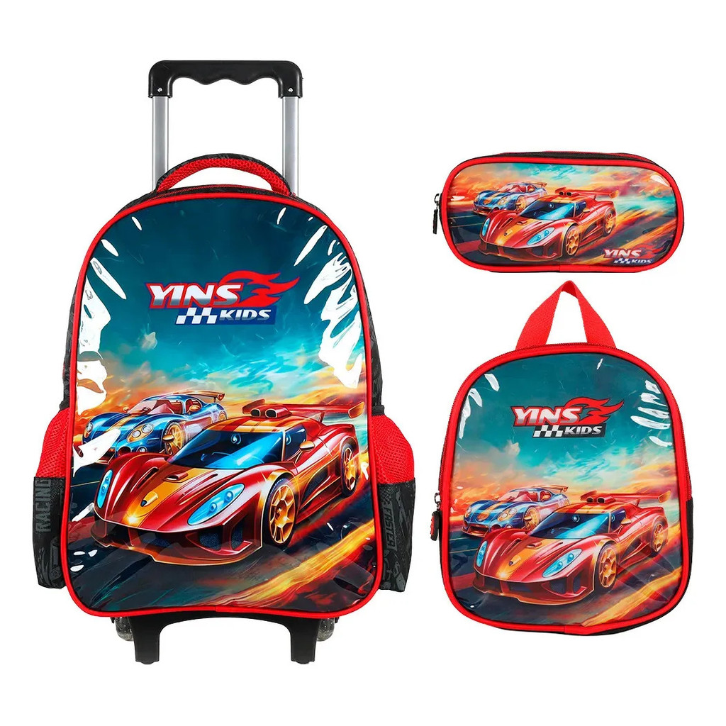 Kit Mochila Escolar Rodinha Lancheira Estojo Racing Carros