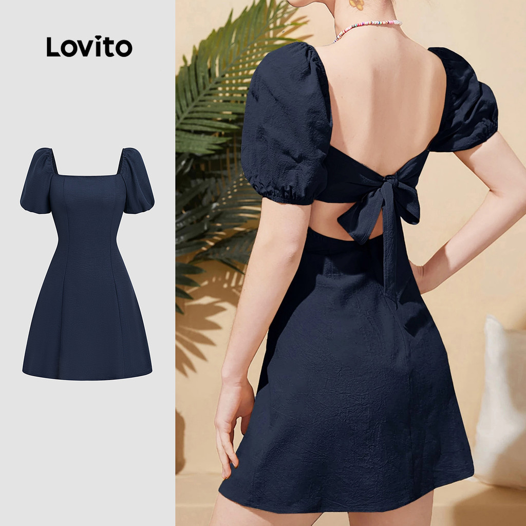 Lovito Vestido Elegante Costas Abertas com Amarração Primavera/verão Azul Marinho para Mulheres L178LD150