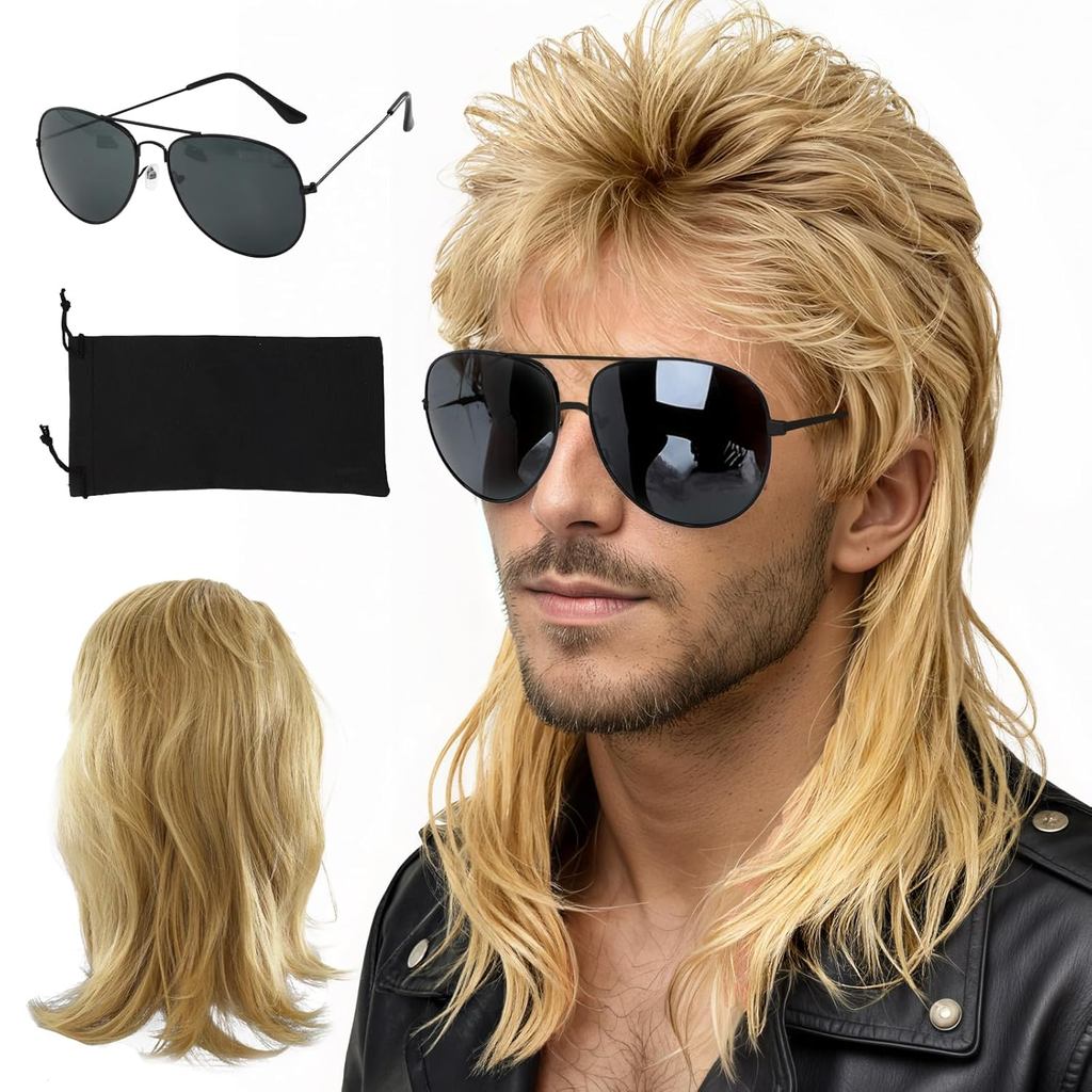 Perucas Mullet para Homens, Peruca Mullet Loira para Festa, Uso Diário, Fantasias de Halloween, Acessório de Festa Temát