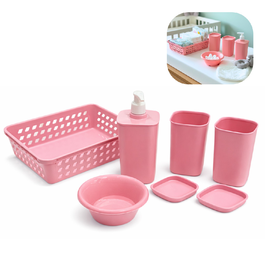Kit Higiene Bebê Rosa Banho Troca Fraldas Cesto Organizador Porta Cotonete Algodão Dispenser Enxoval Maternidade 5 Peças