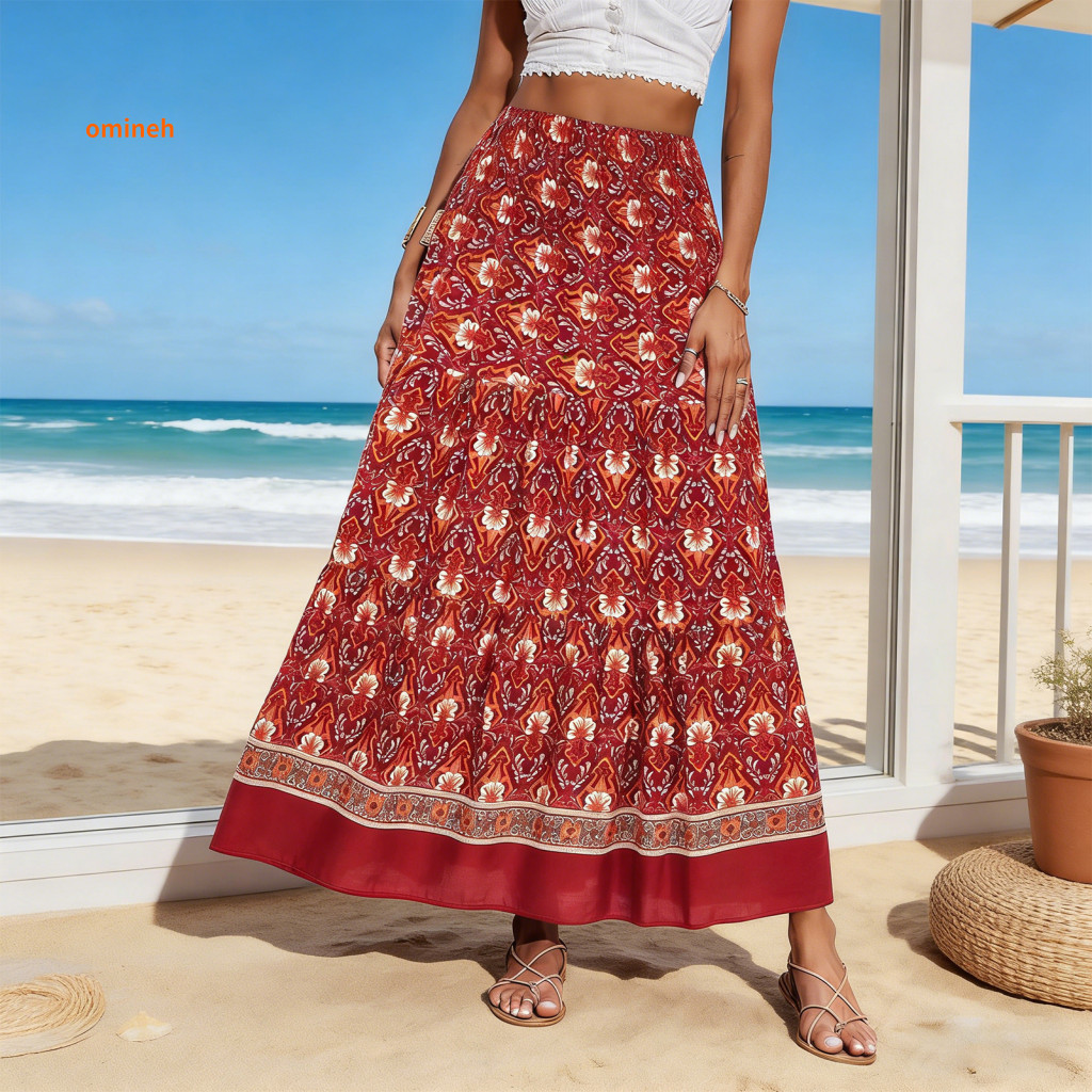 Saia Impressa De Cintura Alta Feminina Verão Floral Maxi Elástica A Linha Plissado Praia Casual Diário