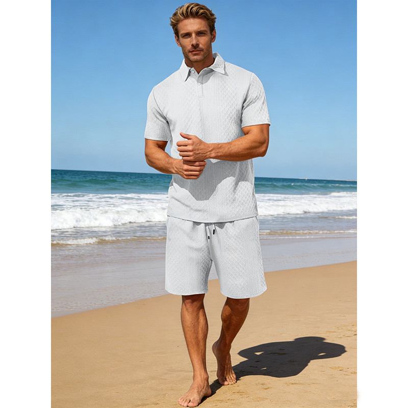 Conjunto Camiseta Polo Casual e Shorts Cordão Para Homens Tecido Jacquart Ao ar Livre e na Praia