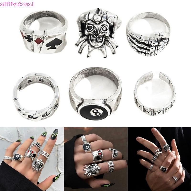 allilivefoua1 6 Peças Gótico Preto Crânio Anéis Punk Prata Natal Jóias Halloween