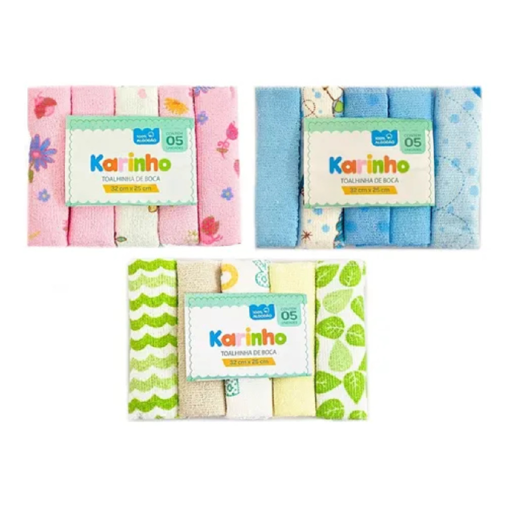 Kit 5 Und Toalha De Boca Ombro Masculino Feminino e Neutro Bebe Enxoval Maternidade Estampa Sortida