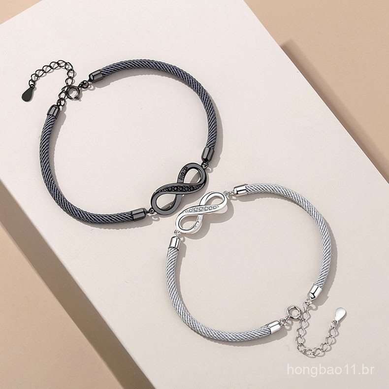 Símbolo de amor infinito corda trançada pingente casal pulseira preto branco ajustável casal pulseira