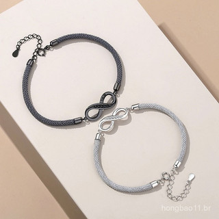 Símbolo de amor infinito corda trançada pingente casal pulseira preto branco ajustável casal pulseira