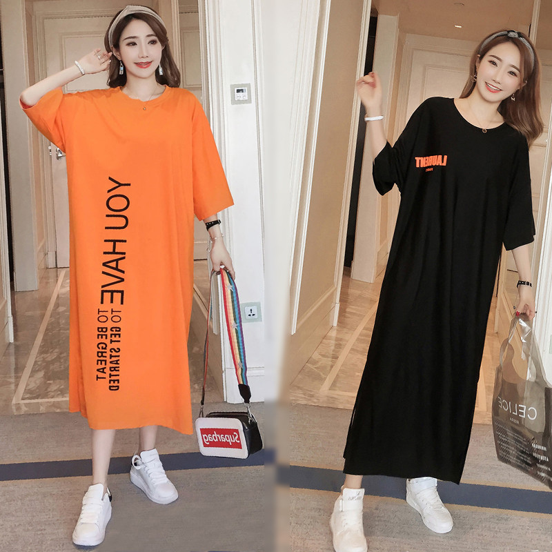 Verão de manga curta senhoras solto Plus Size vestido carta camisola sobre o joelho longo vestido longo mulheres grávida
