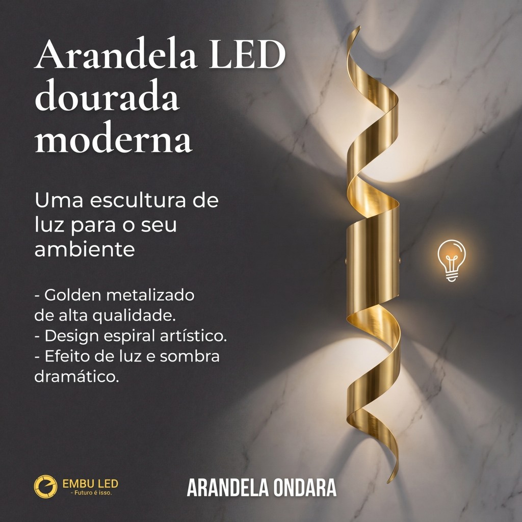 Arandela LED Dourada Moderna Ondara 59cm 10W Bivolt Luxo - Luminária de Parede 3 em 1 Decorativa Quarto Corredor Lavabo em Oferta na Shopee