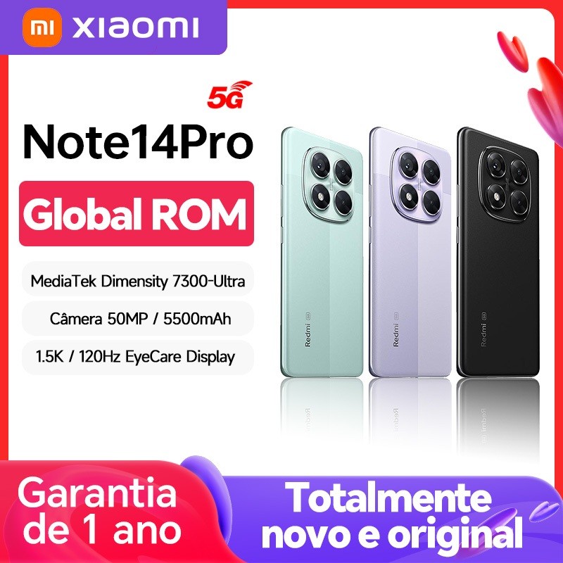 Original Xiaomi redmi note 14 pro 5g Celular 256GB Câmera principal AI de 50MP 5500mAh Global ROM