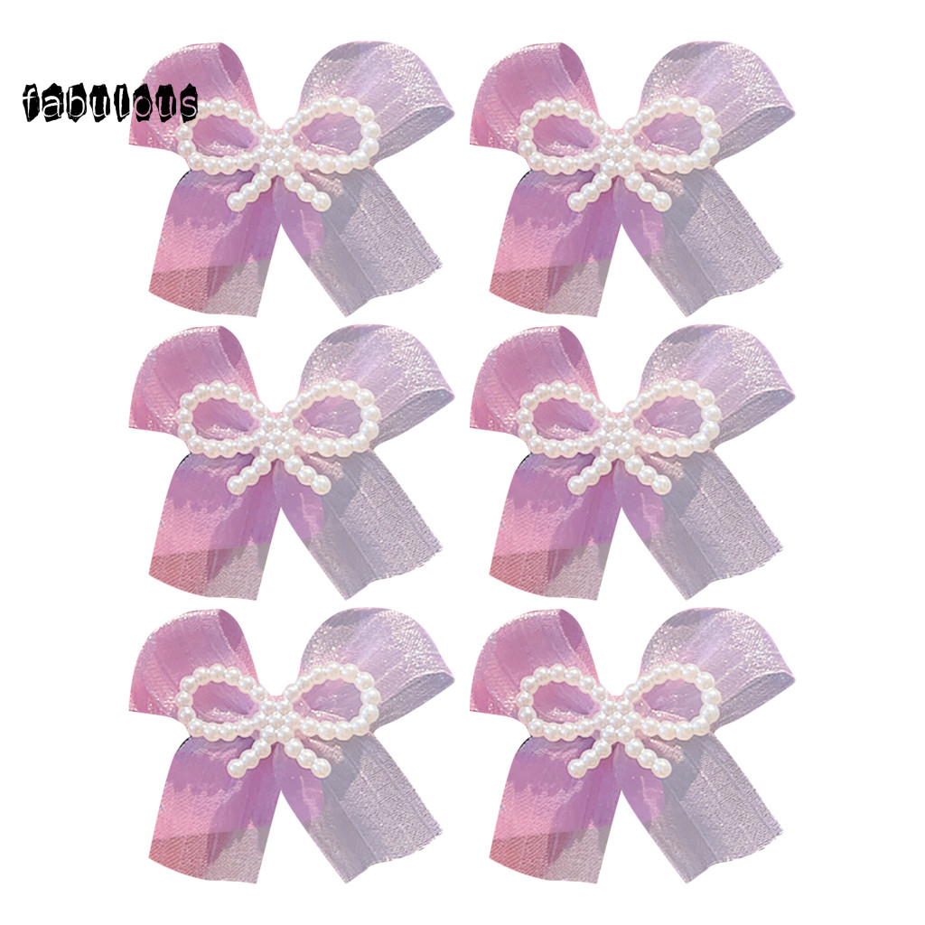 Gauze Tape Hairpin 6pcs Girls Set Hand-sewn Bow Clips with Imitation Pearl Beads Macaron Colors Safe Scalp-friendly Hair