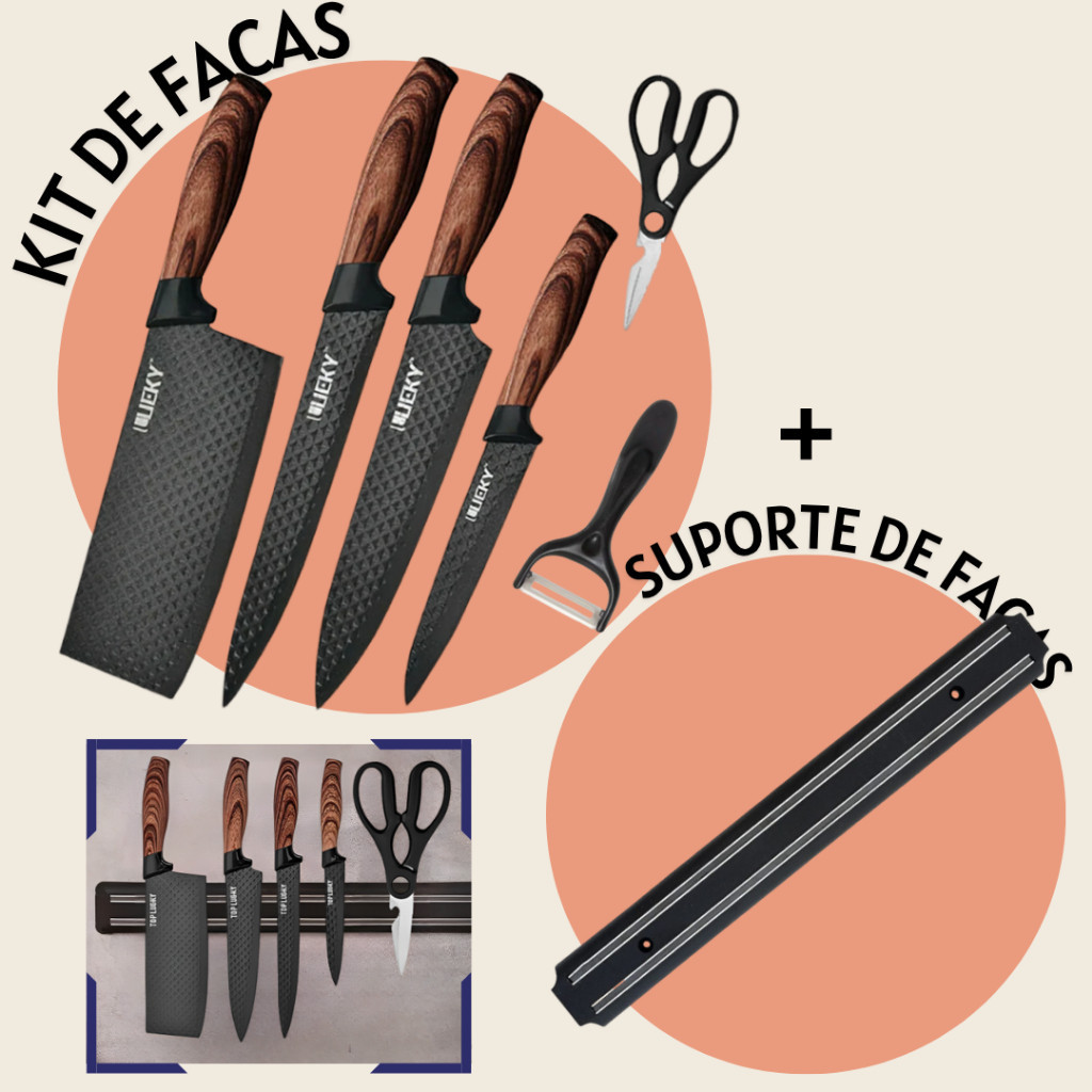 Kit Suporte De Facas Magnético Parede Porta Faca + Conjunto De Facas Inox 6 Peças Antiaderente