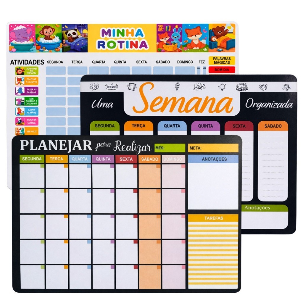 Quadro Rotina Diária Planner Infantil e Incentivo MDF Planejamento Tarefas 40x30 Reutilizável Com Caneta Fita Dupla Face