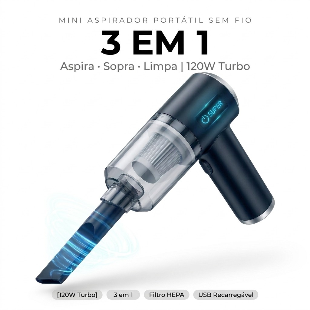 Mini Aspirador Pó 3 em 1 Sem Fio 120W HEPA Recarregável Carro Teclado Pets USB
