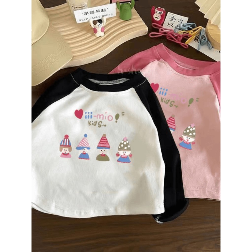 Primavera outono crianças puro algodão manga comprida camiseta novo estilo contraste cor meninos meninas moda dos desenh
