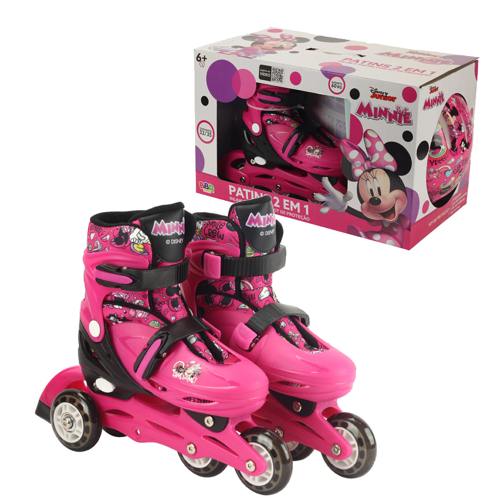 Patins Infantil 4 Rodas Minnie Tam32/35 Com Kit Proteção Presente Rosa Meninas Inline Trinline
