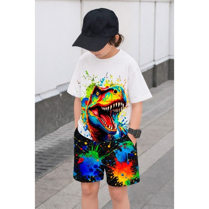 2 Peças Conjunto Camiseta e Bermuda Infantil Lançamento Dino Volta ás Aulas Algodão Nobre