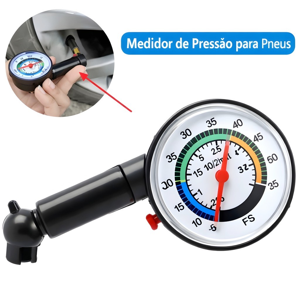 Calibrador de Pneus Analógico Manômetro Automotivo PSI e Kg/cm² com Botão de Alívio