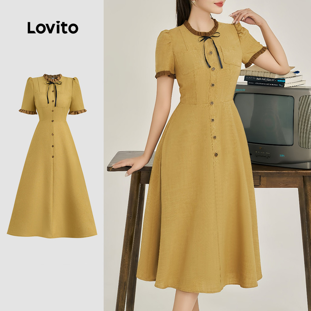 Lovito Refine Vestido Feminino Elegante com Borda de Alface e Laço Colorblock Primavera/verão Khaki. L172ED803 em Oferta na Shopee