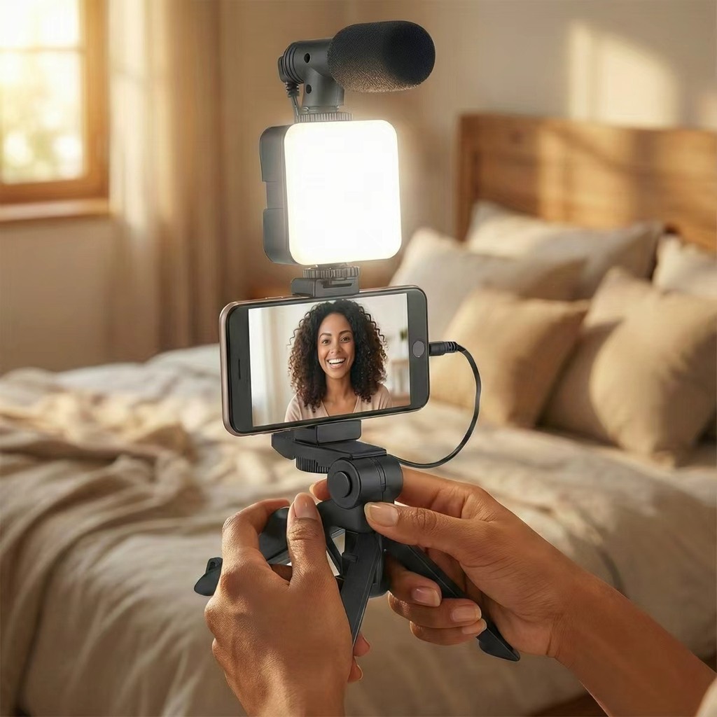Conjunto Gravação Celular Tripé Mesa + Microfone + Luz LED 6000K + Controle  yihan