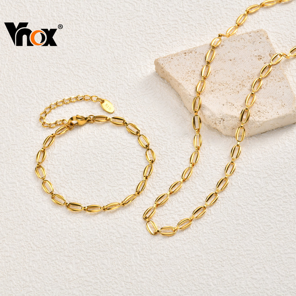 Vnox 18K Banhado A Ouro Oval Oco Link Corrente À Prova D'água Hipoalergênico Pulseira Colar Conjunto De Joias Elegantes