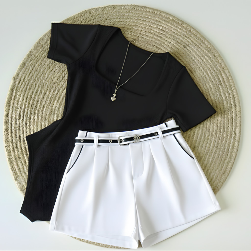 Conjunto SPORT ELEGANTE Bicolor 1 Body Gola QUADRADA + Short Alfaiataria com cinto BICOLOR Inspiração Moda