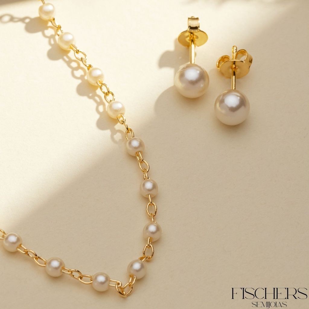 Colar e Brinco Pérola P Banhado a Ouro 18k - Fischer Semijoias em Oferta na Shopee