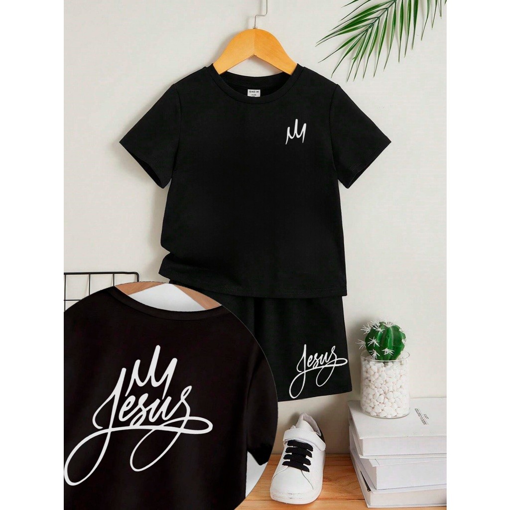 Conjunto Infantil e Juvenil Camiseta e Shorts Menino e Menina 4 ao 16 100% Algodão Preto Gospel