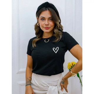T-shirt Feminina Coração Blusa Varias Cores Camiseta 100% Algodão Blusa Feminina Básica Tendência em Oferta na Shopee