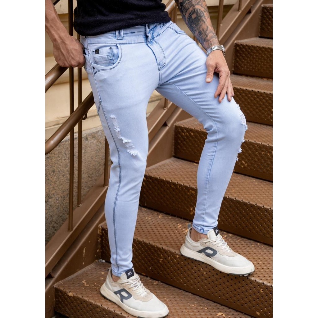 Calça Jeans Skinny Azul Clara Cós Duplo Streetwear Premium Calça Destroyed Rasgada Skinny Slim Codi