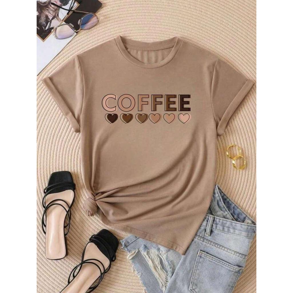Camiseta Feminina Streetwear Algodão Penteado Infantil Adulto Plus Size Estampa Coffee Café amor Coração Vicio