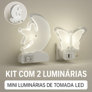 1 ou 2 Mini Luminárias LED Lua Estrela e Borboleta Bivolt - Abajur Tomada Quarto Criança Suave