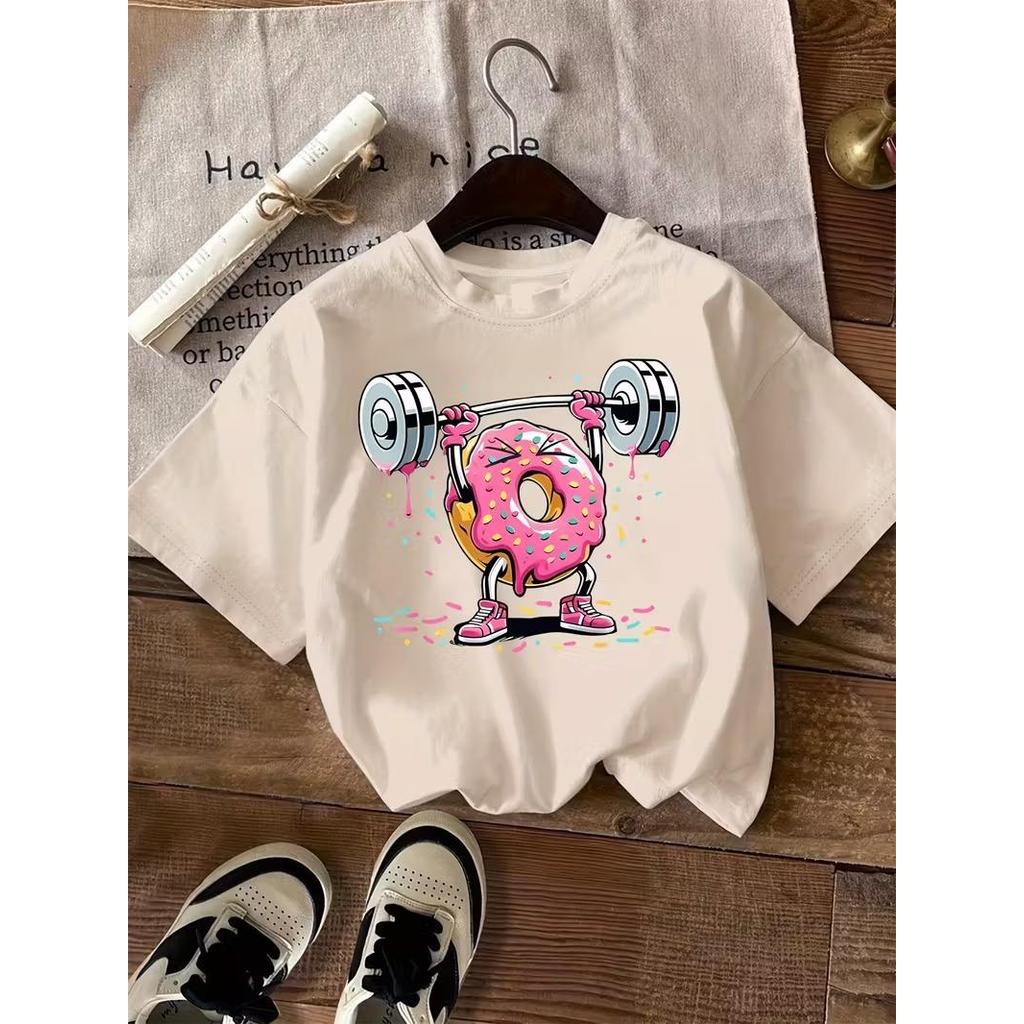 Camiseta Feminina Streetwear Algodão Penteado Infantil Adulto Plus Size Estampa Rosquinha Donuts Doce Peso Academia