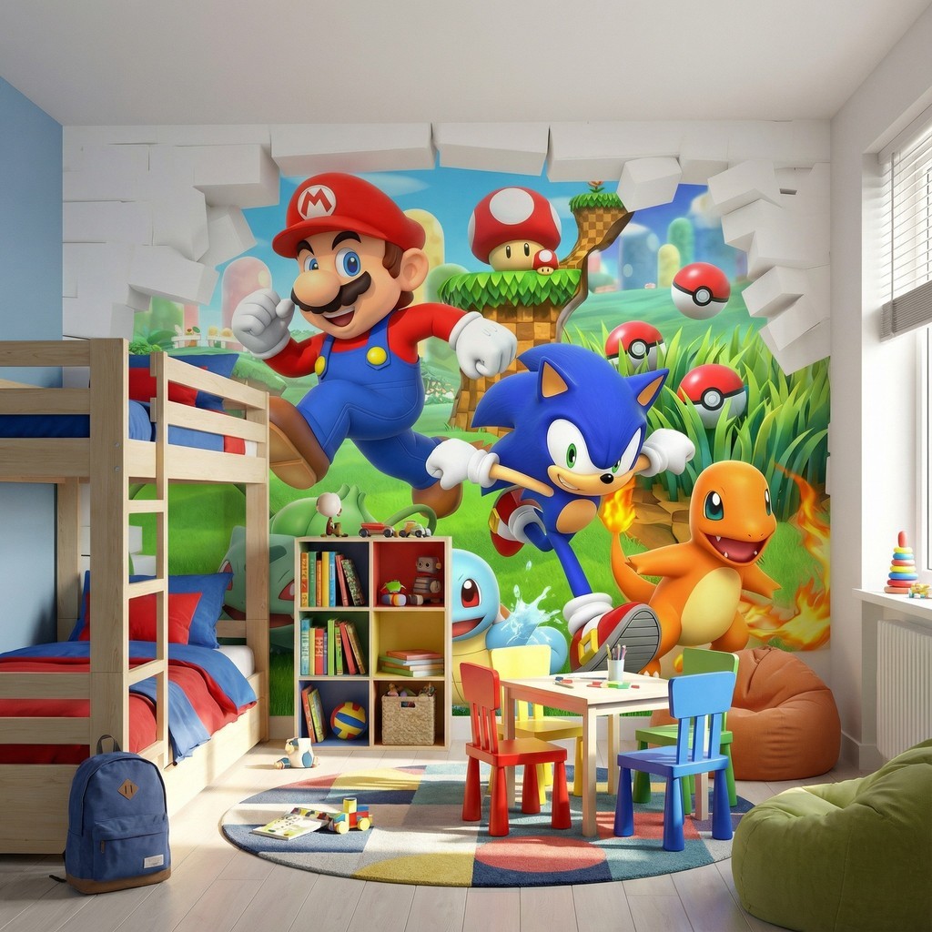 Papel de Parede  Adesivo Infantil Super Mario Bross + Sonic + Pokémon ENVIE SEU NOME